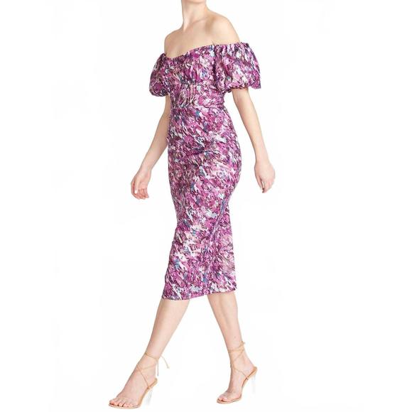 NEW ML MONIQUE LHUILLIER women's off the shoulder midi dress in painted blur Midi